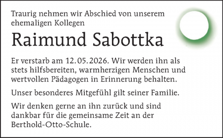 Traueranzeige für Raimund Sabottka, †12.5.2026.