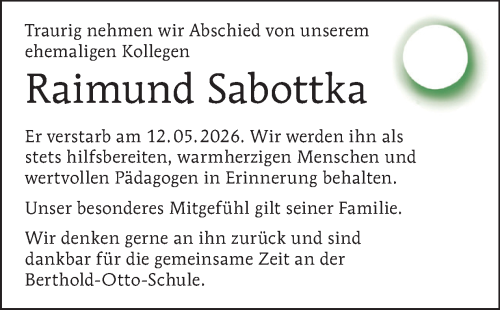 Traueranzeige für Raimund Sabottka, †12.5.2026.